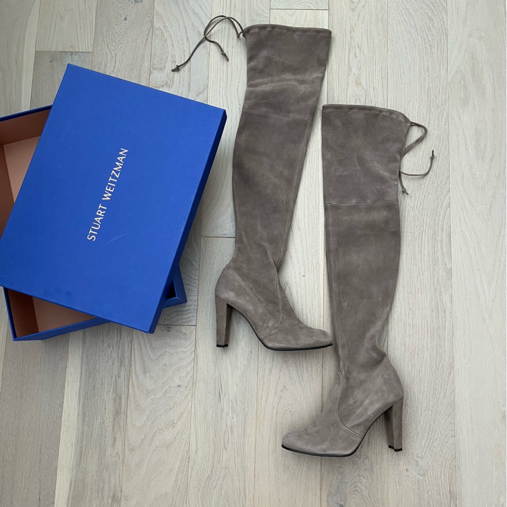 Stuart Weitzman grey suede leather thigh high boots highlands 8